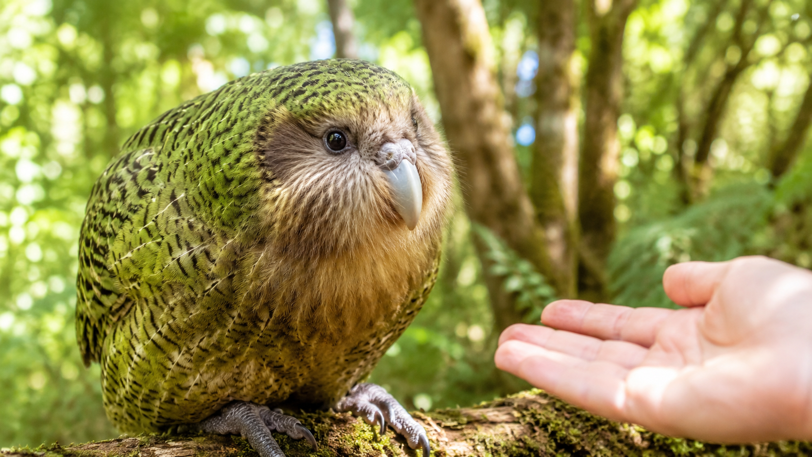人懐っこいカカポが人の手を興味深げに見つめている